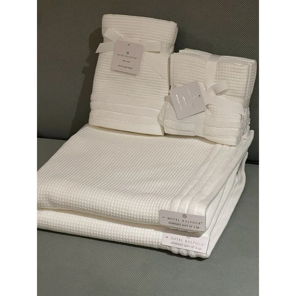 Hotel Balfour Bath Towel Set White Waffle Textured Cotton 9 Piece Set NEW